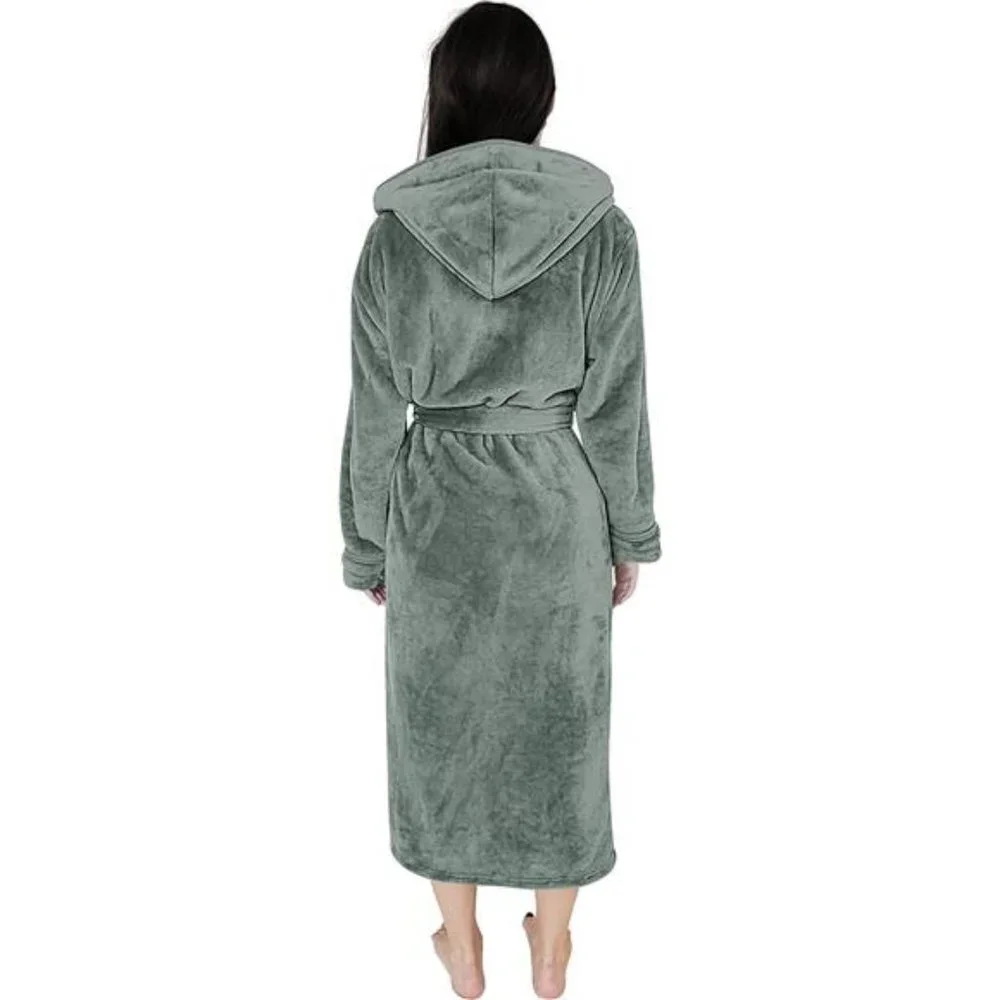 Women Fleece Hooded Bathrobe - Plush Long Robe, Gray